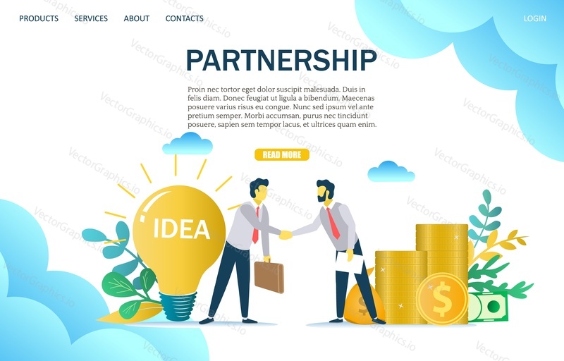 Partnership vector website template, web page and landing page design for website and mobile site development. Two businessmen shaking hands, light bulb, money. Best deal, investment in new project.