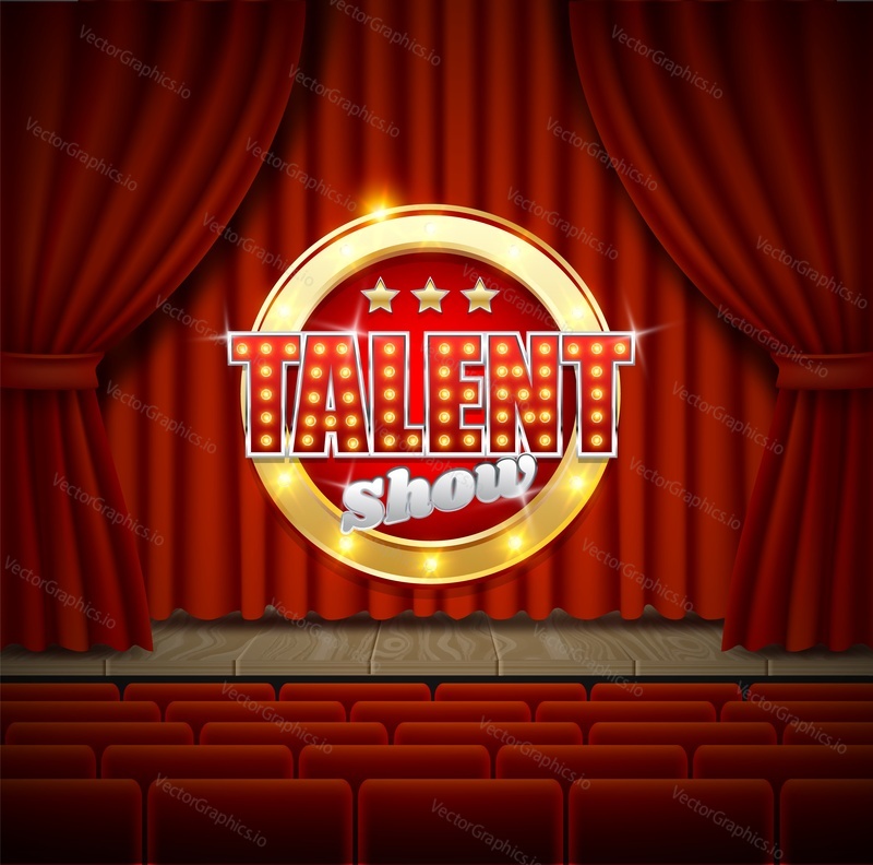 Talent show vector poster template. Empty theatrical stage with Talent show signage with lights on red curtain and seats for spectators.