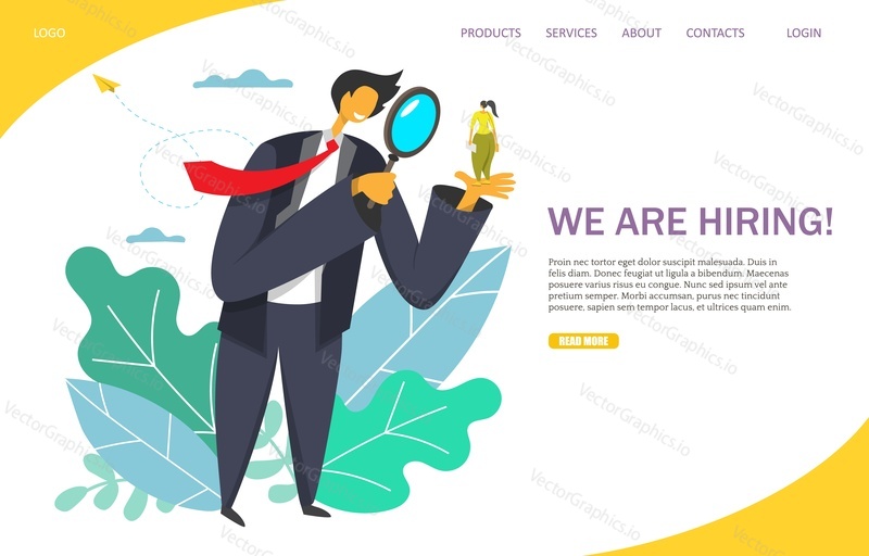 We are hiring vector website template, web page and landing page design for website and mobile site development. Businessman looking at girl on his palm with magnifier. Recruitment, job agency concept