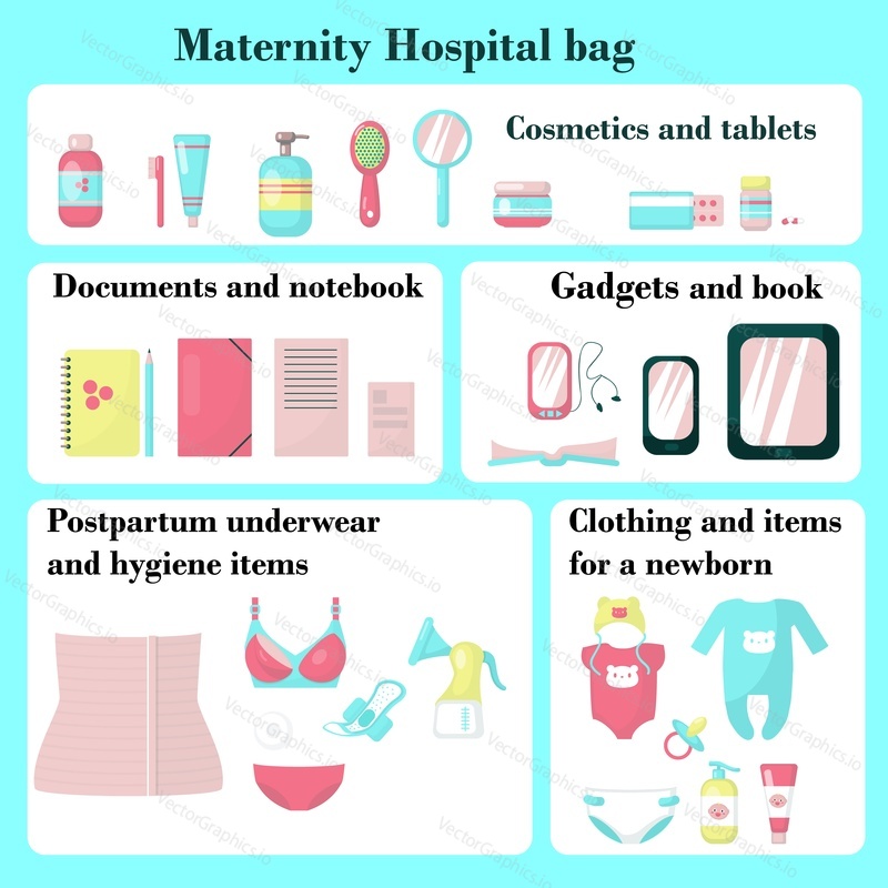 Maternity hospital bag checklist, vector flat illustration isolated on white background. Bag for labour and birth, all necessary items after delivery for mum.