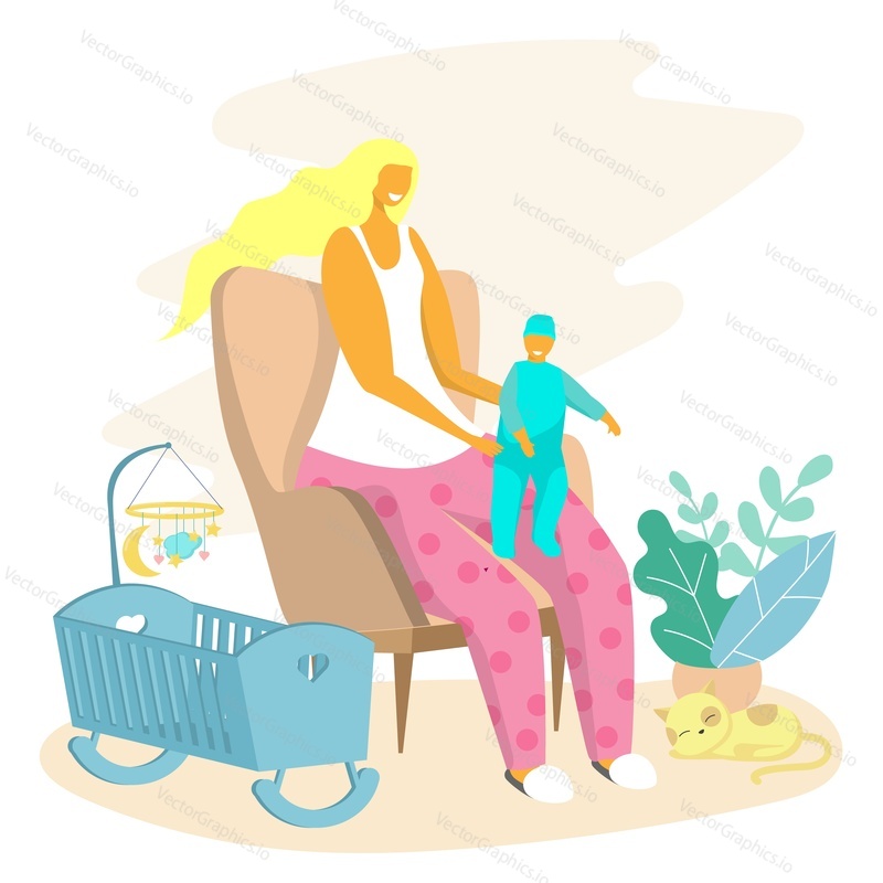 Vector flat illustration of young woman sitting in armchair with kid on her knees, crib and cat lying on floor. Happy motherhood, baby care concept for web banner, website page etc.