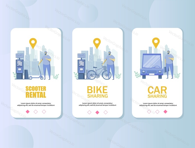 Scooter rental, bike and car sharing mobile app onboarding screens. Menu banner vector template for website and application development. City transport rental service concept.