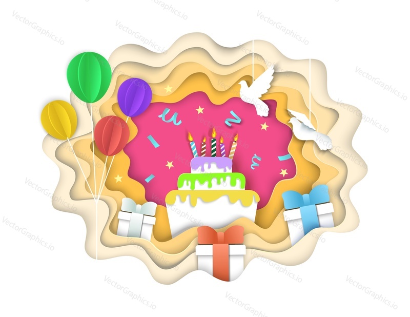 Birthday cake with candles, balloons, gift boxes and doves, vector illustration in paper art modern craft style. Happy birthday composition for greeting card, invitation, poster, banner etc.