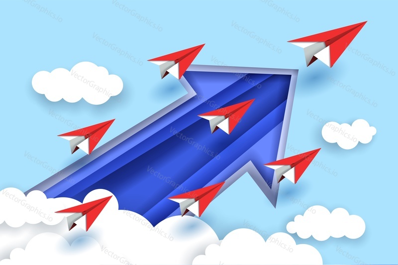 Paper planes flying up with arrow, vector illustration in paper art style. Business leadership concept for web banner, website page, poster, etc.