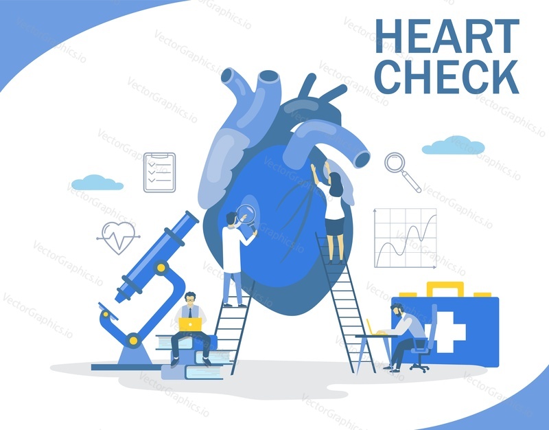 Проверка сердца, векторная иллюстрация дизайна в плоском стиле. Крошечные врачи, проводящие медицинское обследование большого человеческого сердца. Здоровье сердца, концепция кардиологии для веб-баннера, страницы веб-сайта и т.д.
