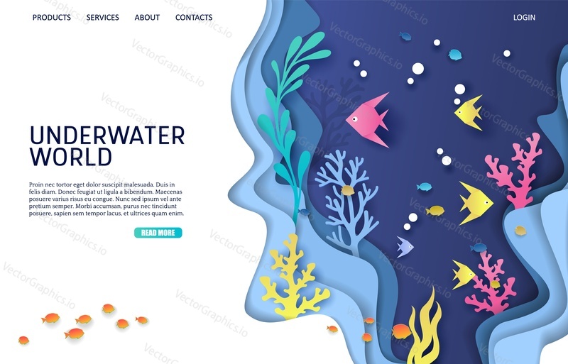 Underwater world vector website template, web page and landing page design for website and mobile site development. Aquarium, undersea cave, deep ocean bottom landscape and marine life.