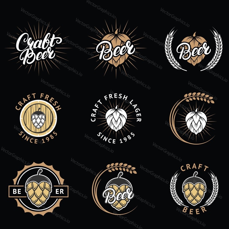 Craft beer emblem, logo, badge and label vector set. Craft brewery vintage typography with hops, wheat ears, wooden barrel and lettering.
