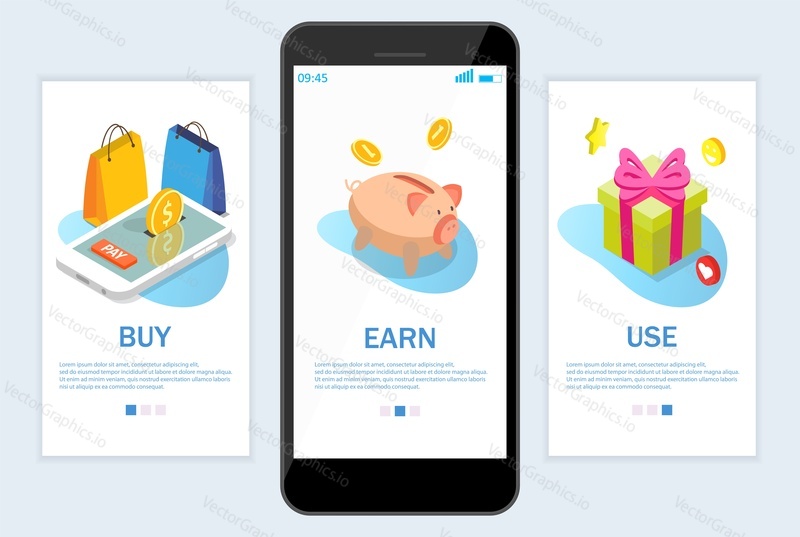 Buy Earn Use onboarding screens for web site and mobile app. Menu banner vector template for website and application development. Earn points for rewards from purchases concept.