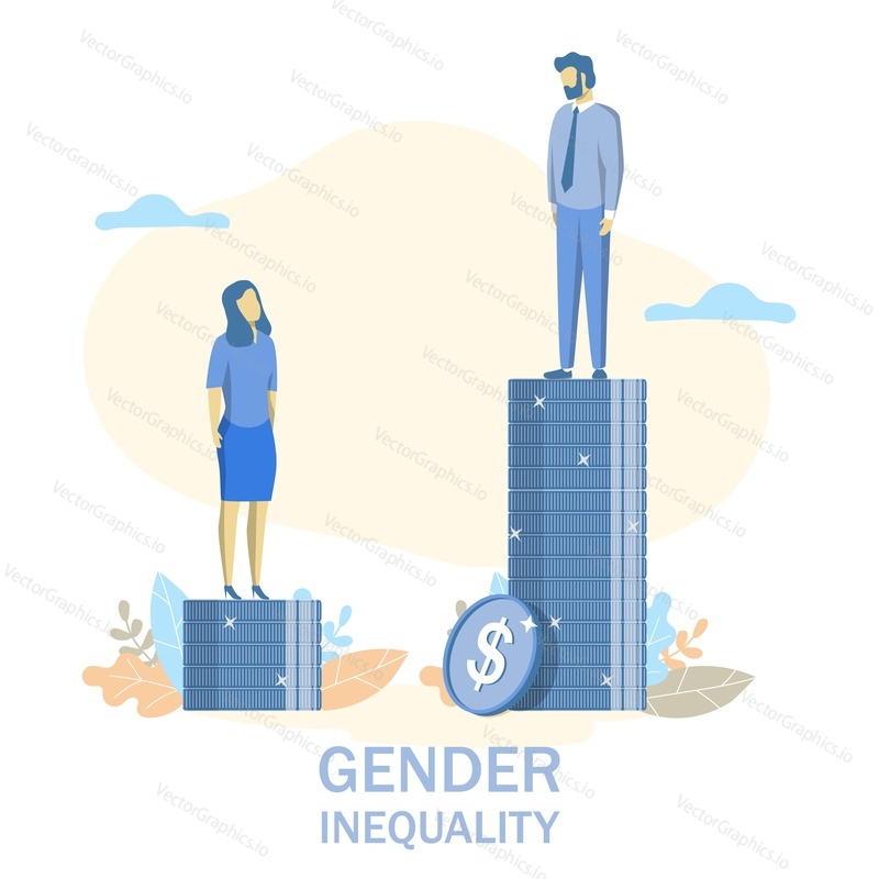 Gender inequality, vector flat style design illustration. Businessman and businesswoman standing on unequal piles of coins. Salary gap, women rights discrimination concept.