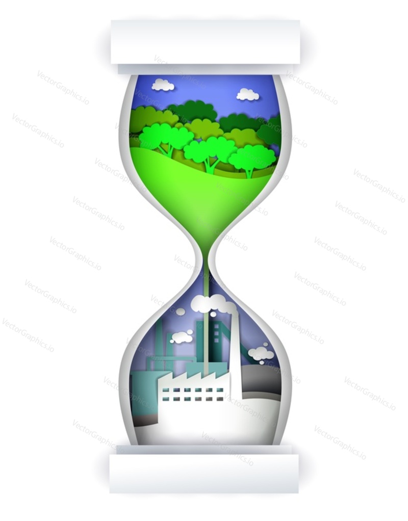 Hourglass with nature landscape and industrial plant inside of it, vector illustration in paper art style isolated on white background. Air pollution, ecology concept.