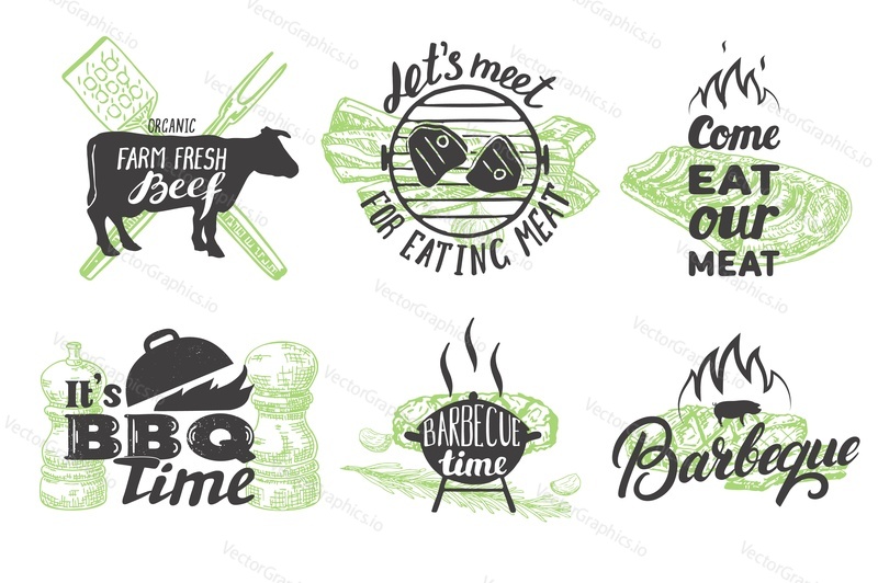 Grill label, emblem, logo and badge set, vector illustration. Grilled steak, roasted pork, meat quotes hand lettering vintage typography for steak house restaurant snack grill bar menu barbecue party.
