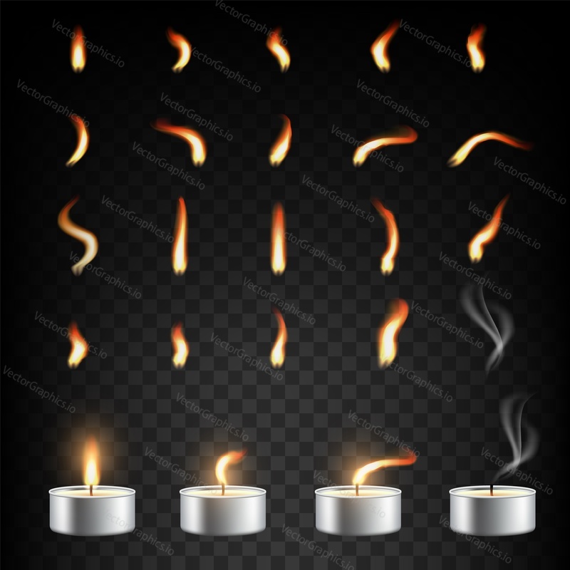 Burning candle and flame set. Vector illustration isolated on transparent background. Tea or tealight small, squat realistic candles in metal case with fire animation sprites.