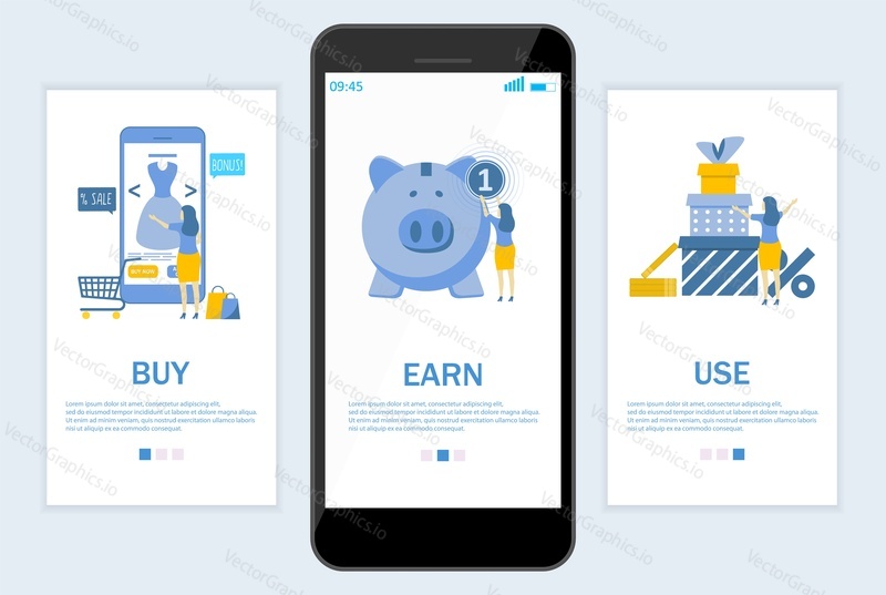 Buy Earn Use onboarding screens for web site and mobile app. Menu banner vector template for website and application development. Cash back money refund online service.