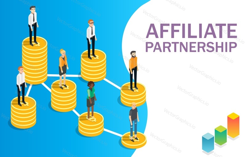 Affiliate partnership, vector flat isometric illustration. Referral program strategy, affiliate marketing concept for web banner, website page etc.