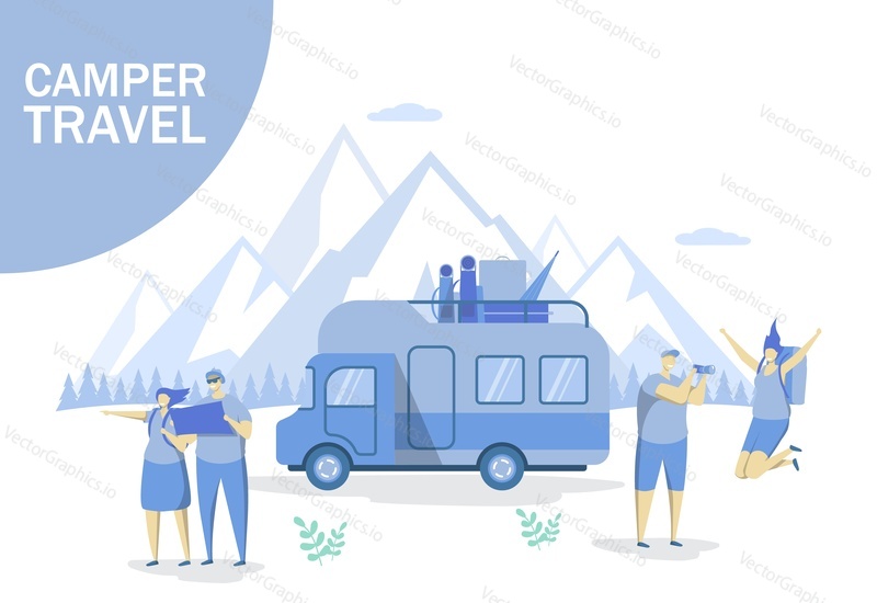 Camper travel vector flat style design illustration. Caravan camping, summer vacation concept with camper trailer and characters for web banner, website page etc.