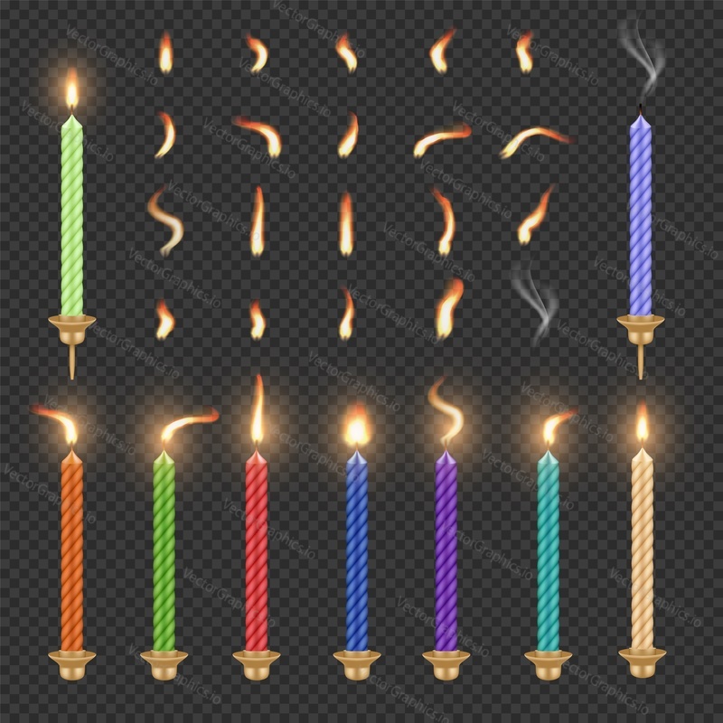 Burning, extinguished birthday candle and flame set. Vector illustration isolated on transparent background. Realistic candles with fire animation sprites.