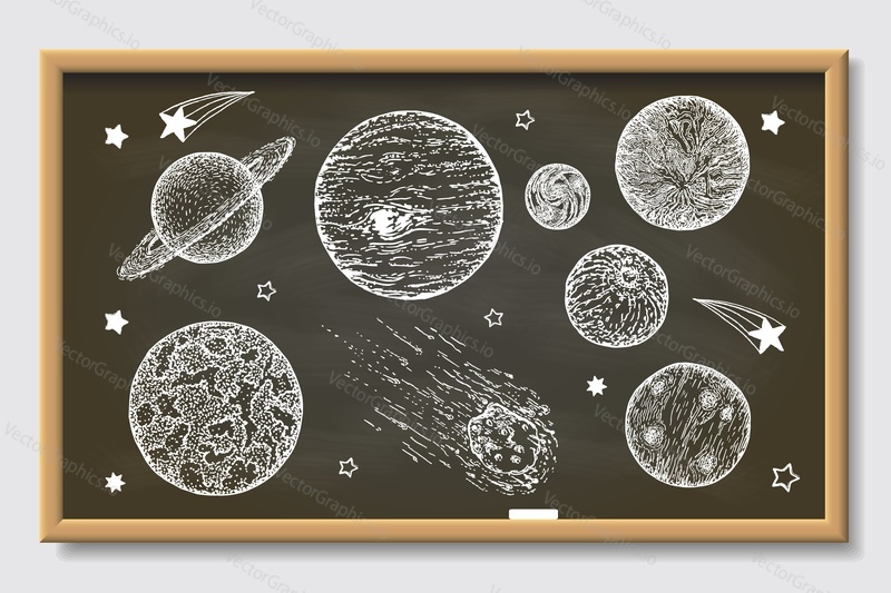 White planets on black chalkboard, vector illustration. White chalk hand drawn solar system planets, stars, other space objects such as comet and meteorite.
