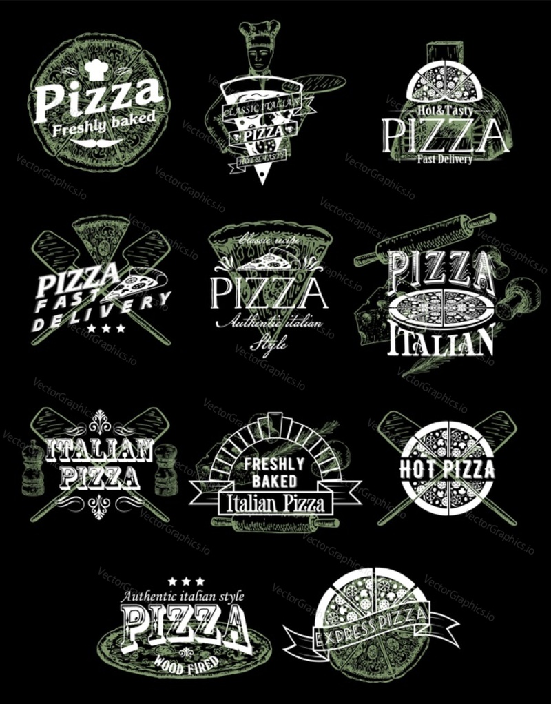 Pizza emblem, logo, label and badge set, vector hand drawn illustration in retro style. Pizzeria restaurant menu vintage typography design.
