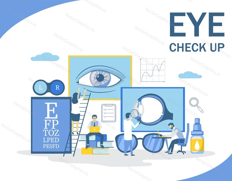 Eye check up, vector flat illustration. Ophthalmologist eyesight examination, vision test and correction. Eye health concept with tiny characters and oculist equipment for web banner, website page etc