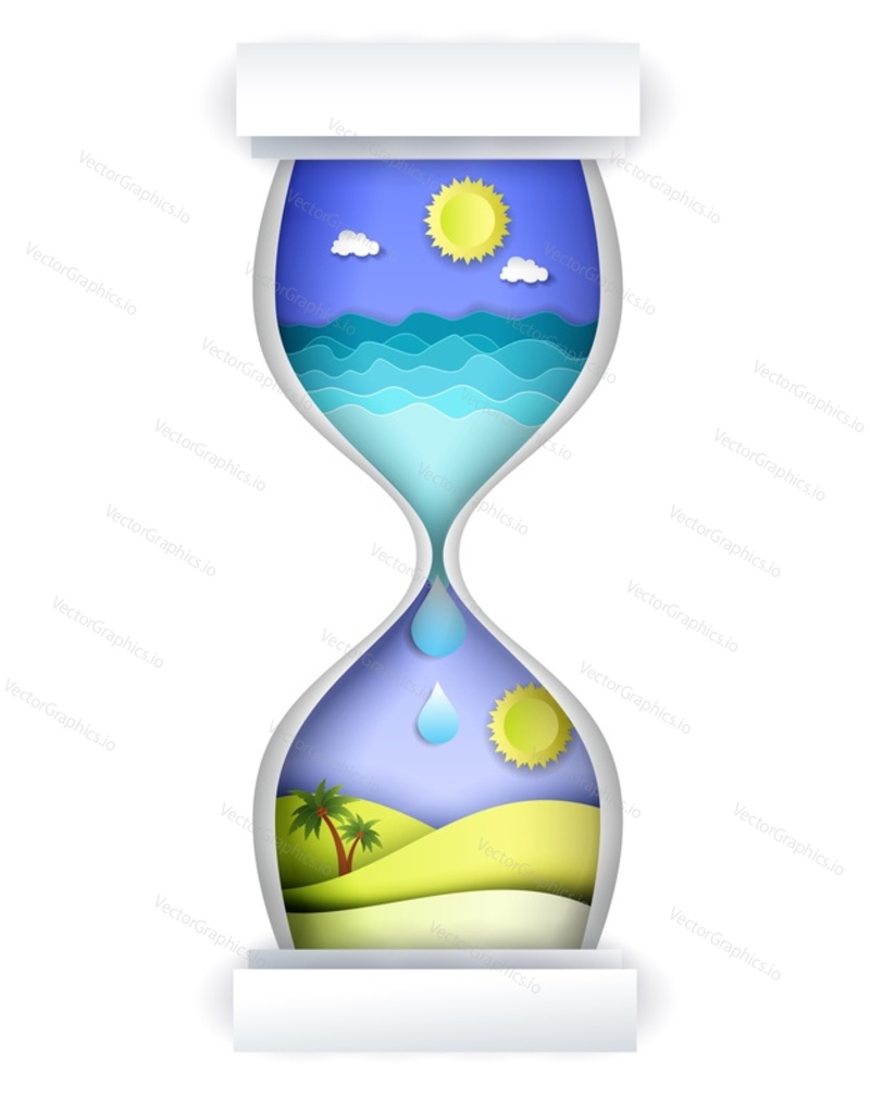 Hourglass with ocean and desert landscapes inside of it, vector illustration in paper art style isolated on white background. Save water, water efficiency concept.