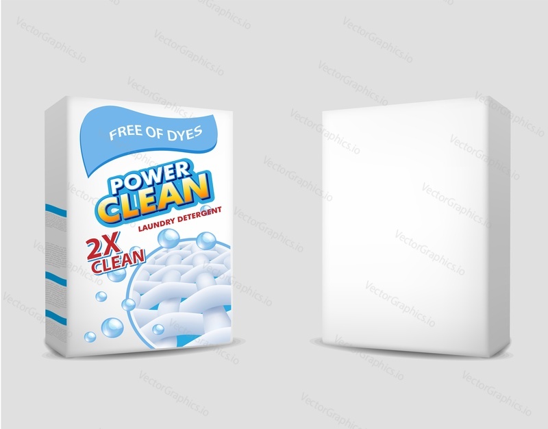 Laundry detergent package mockup set, vector 3d realistic isolated illustration. White blank and with label carton boxes for powder detergent packaging.