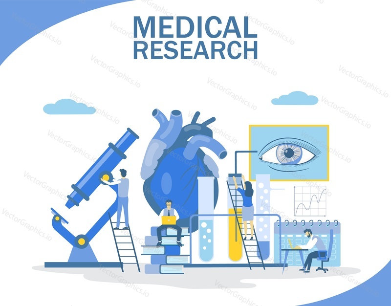 Medical research vector flat style design illustration. Medical check up concept with tiny doctors, big human heart and eye for web banner, website page etc.