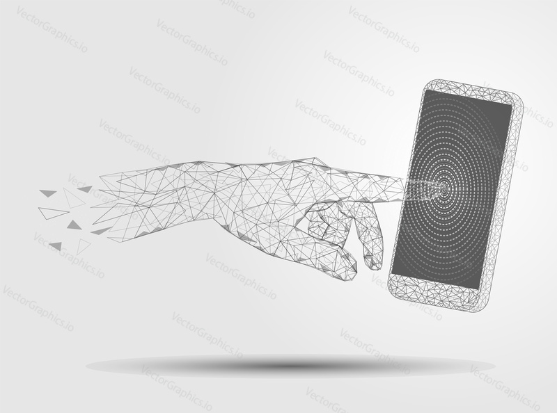 Mobile tech vector poster banner template. Human hand index finger touching mobile phone screen, low poly wireframe mesh. Mobile communication technology concept polygonal art style illustration.