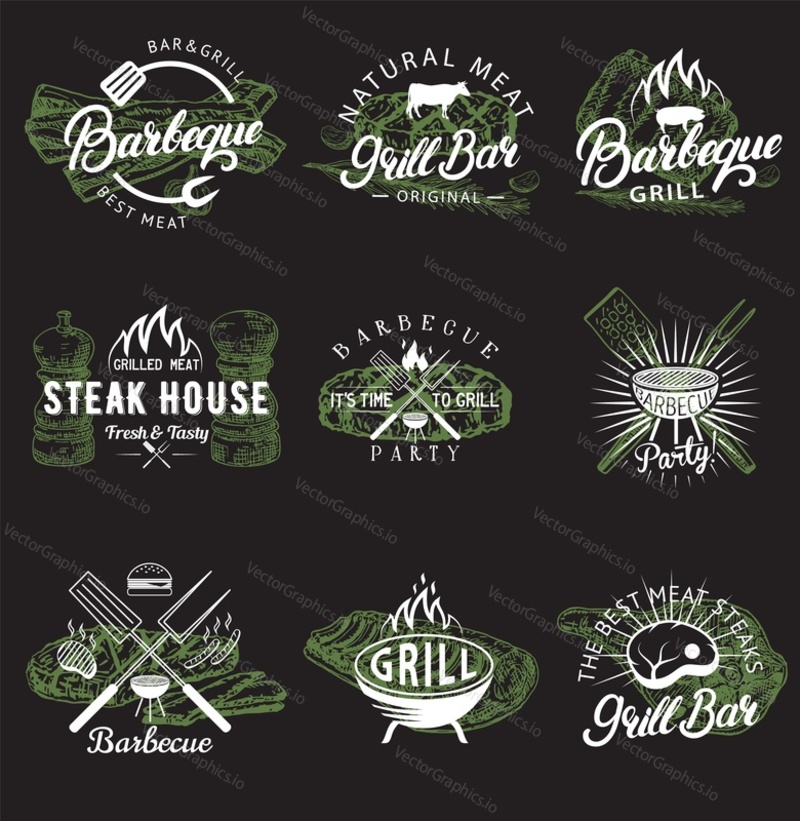 Bbq and grill emblem, logo, label and badge set, vector hand drawn illustration in retro style. Steak house restaurant menu, barbecue party, grill bar vintage typography design.
