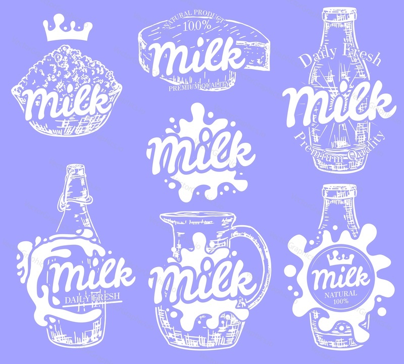 Эмблема молока, логотип, значок и набор этикеток, векторная рисованная иллюстрация в стиле ретро. Молочные продукты, всплеск молока, винтажная типография с надписями от руки.