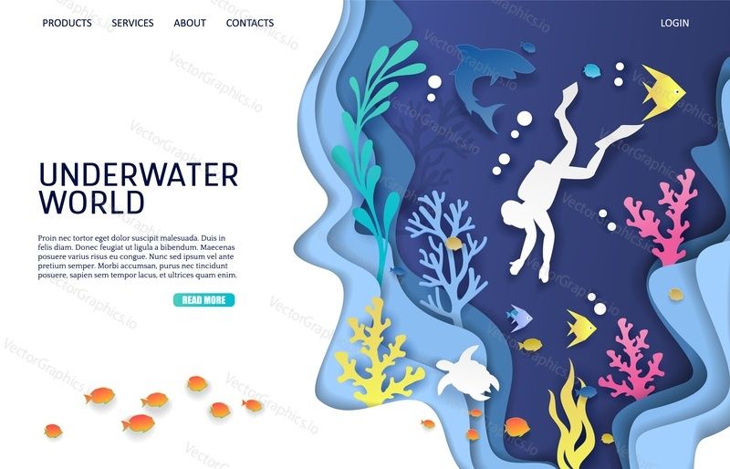 Underwater world vector website template, web page and landing page design for website and mobile site development. Paper cut undersea cave, scuba diver, coral reef, fish, shark, turtle. Scuba diving.