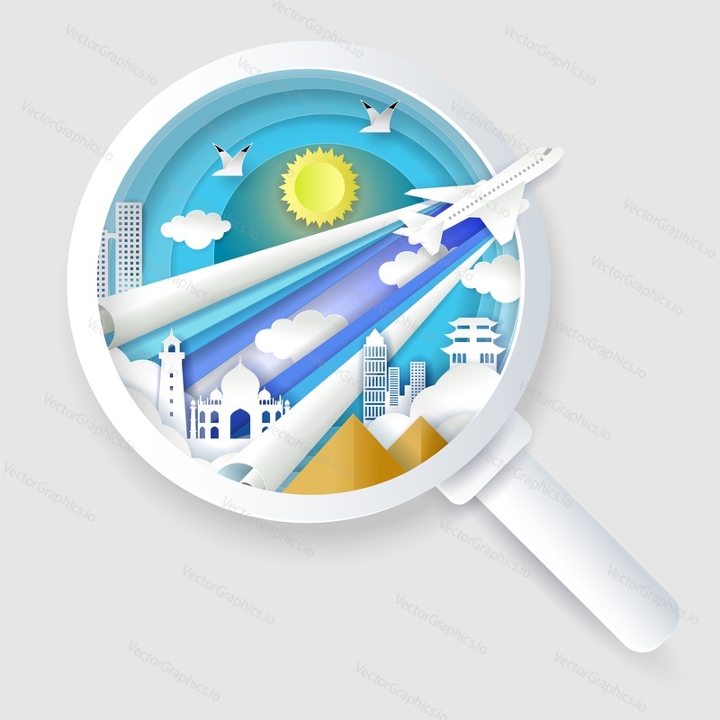 Magnifying glass with flying airplane, world famous landmarks inside, vector illustration in paper art style. Search best flight ticket concept for web banner, website page etc.
