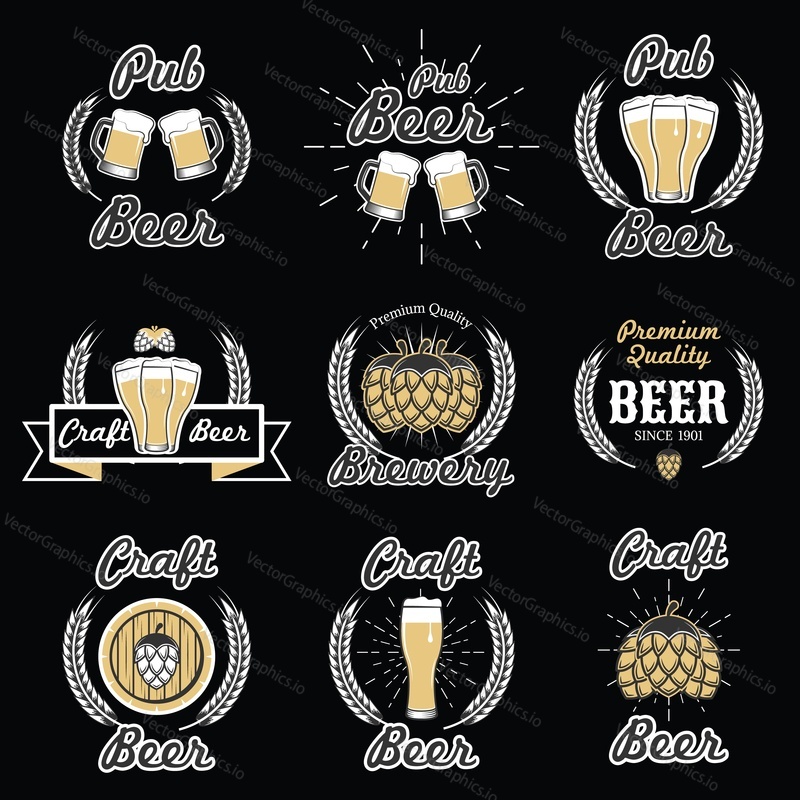 Beer emblem, logo and label set, vector illustration in retro style. Premium quality craft beer badges, pub and brewery vintage typography design.