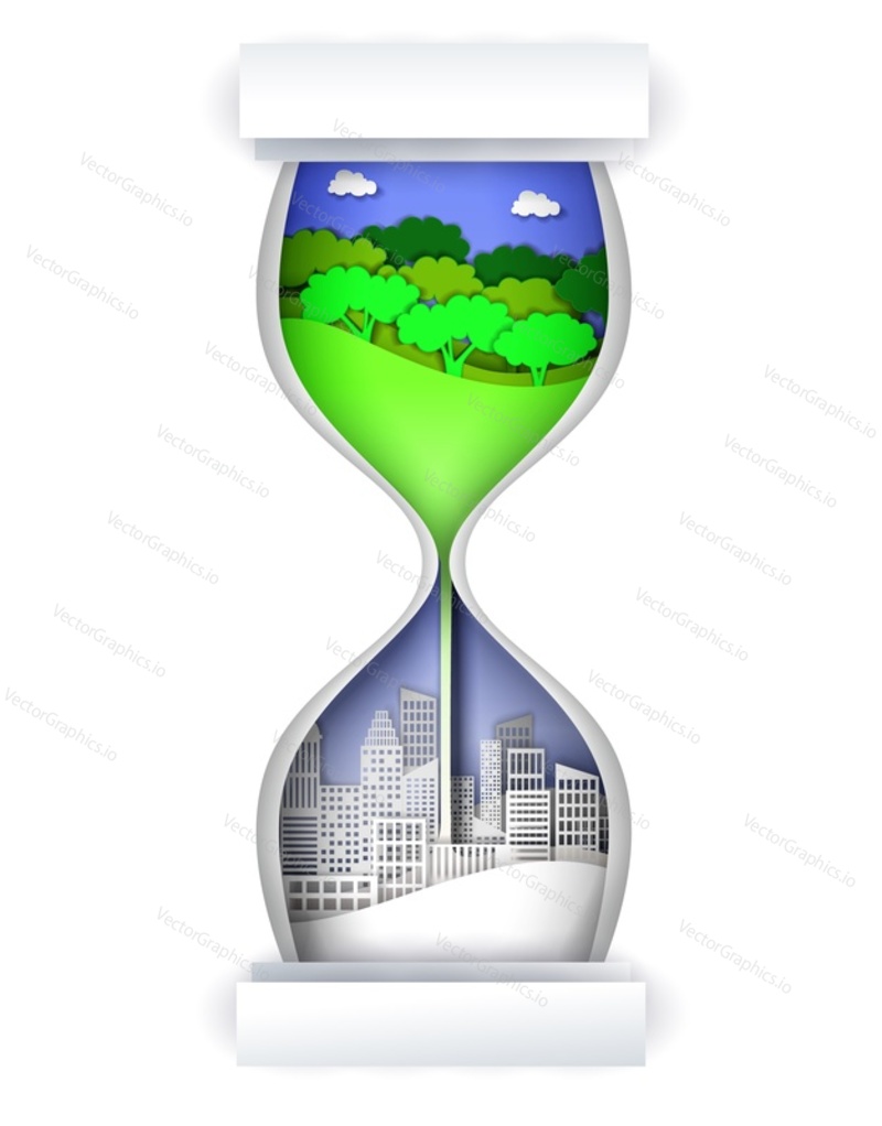 Hourglass with nature and city landscapes inside of it, vector illustration in paper art style isolated on white background. Environmental pollution, ecology concept.