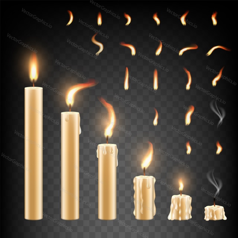 Burning candle and flame set. Vector illustration isolated on transparent background. Realistic candles with fire animation sprites.