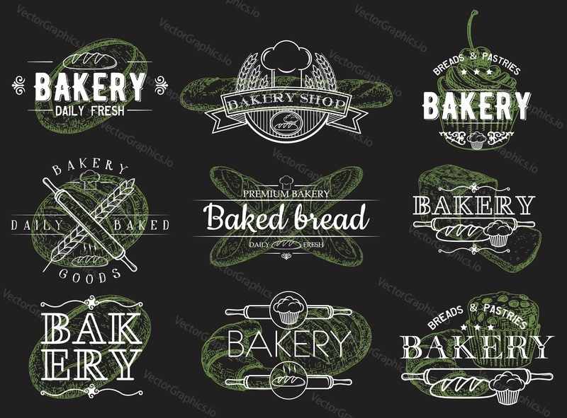 Bakery emblem, logo and label set, vector hand drawn illustration in retro style. Daily fresh baked bread and pastry badges. Bakery shop vintage typography design.