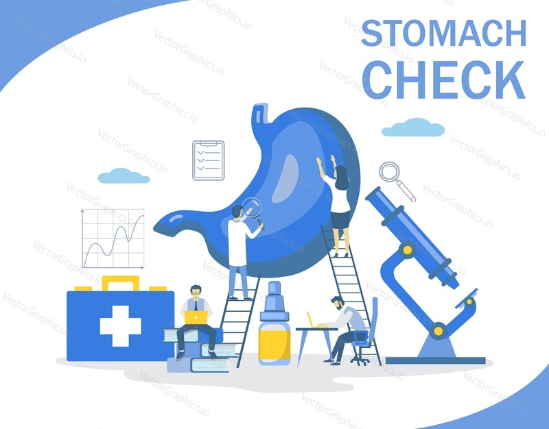 Stomach check, vector flat style design illustration. Gastroenterology concept with tiny characters, big human stomach, medical and lab equipment for web banner, website page etc.