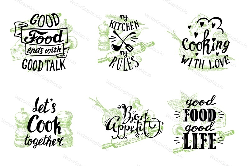 Cuisine quotes and sayings hand lettering typography, vector illustration. Vintage labels, emblems with hand drawn kitchen utensils and inspirational phrases about food cooking on white background.