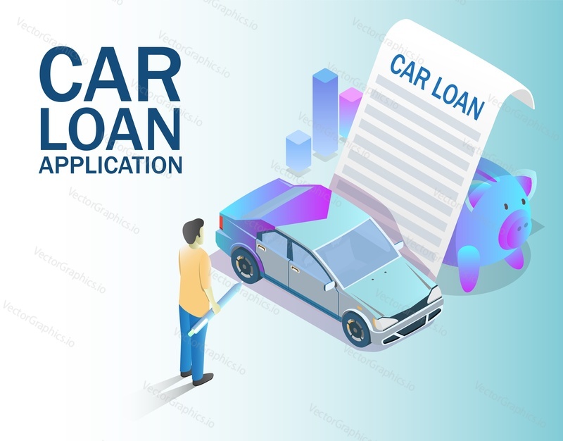 Vector isometric automobile, loan agreement and buyer holding pen to sign it. Car loan application concept for web banner, website page etc.
