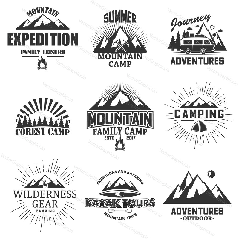 Outdoor label, emblem, badge and logo set, vector monochrome illustration in vintage style. Mountain expedition, journey adventures, camping, mountain trips, kayak tours, forest camp lettering.