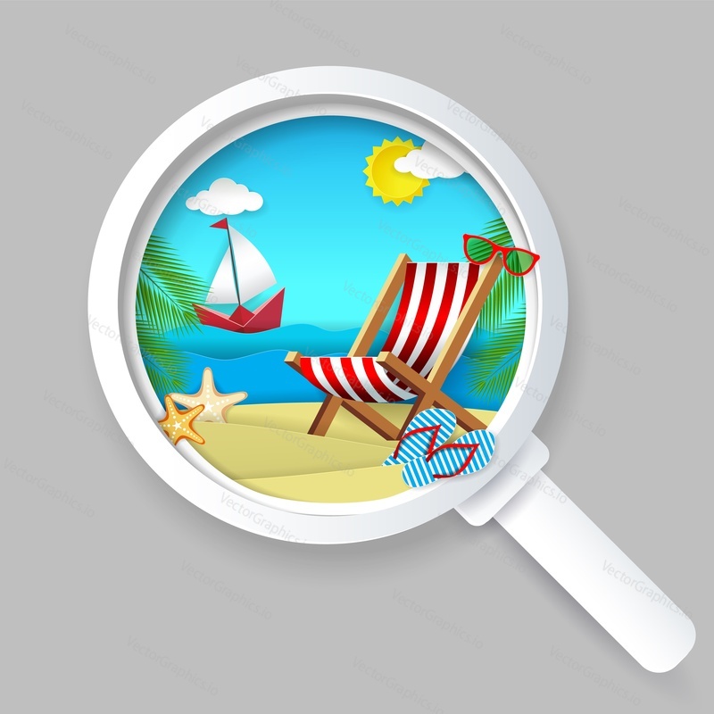 Magnifying glass with ocean beach, chaise lounge flip-flops sunglasses, palm tree leaves, boat floating on water inside, vector paper art illustration. Search best tour concept for web banner etc.