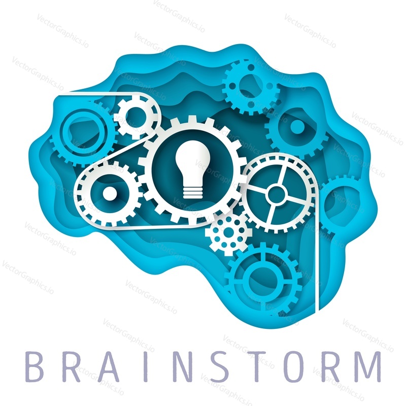 Human brain with gears, cogwheels and light bulb, vector illustration in paper art style. Brainstorm, brain power, new innovative idea concept for web banner, website page etc.