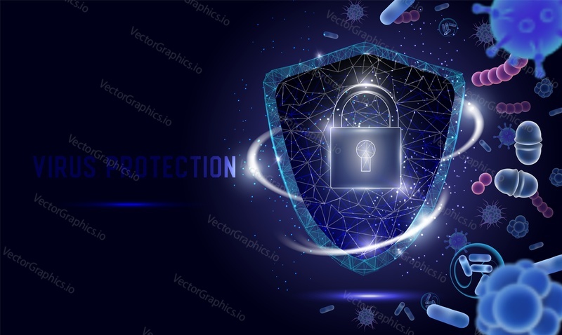 Virus protection vector poster banner template. Security shield with padlock, low poly wireframe mesh. Antivirus, data security polygonal art style illustration.