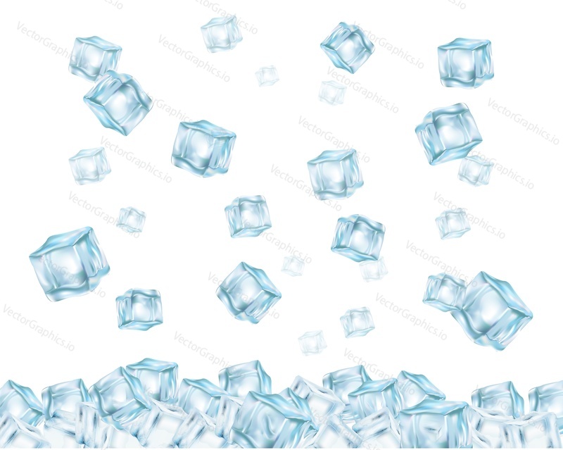 Falling ice cubes, vector 3d realistic illustration. Frozen water cubes abstract background, wallpaper.