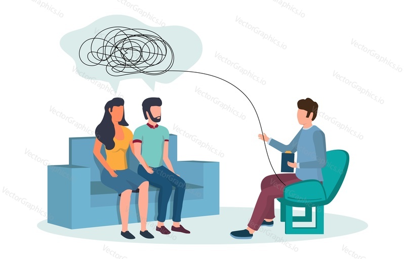 Psychotherapy session vector flat illustration. Psychotherapist counseling couple having relationship problems. Family therapy, psychological services concept for web banner, website page etc.