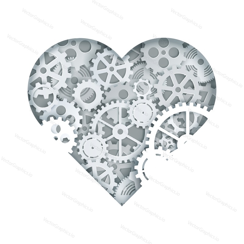 Mechanical heart with cogwheel gear clock mechanism, vector illustration in paper art modern craft style. Steampunk style heart.