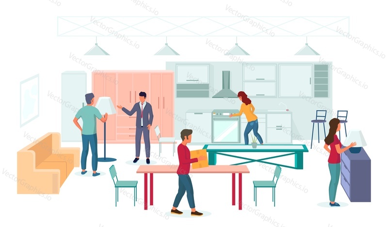 Shop assistant helping shoppers male and female characters to choose furniture for kitchen and living room interior, flat vector illustration. Furniture store composition for web banner, website page.