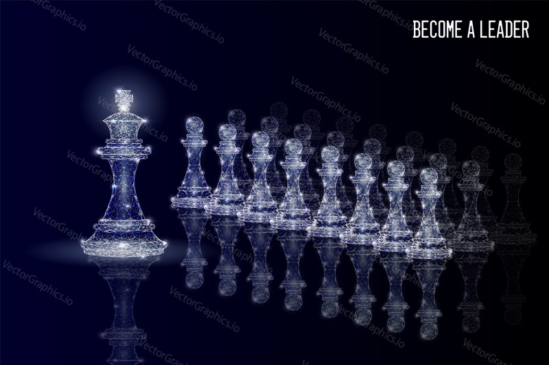 King chess piece standing in front of chess pawns line, vector low poly wireframe mesh. Leadership and strategy concept for poster, banner etc, polygonal art style illustration.