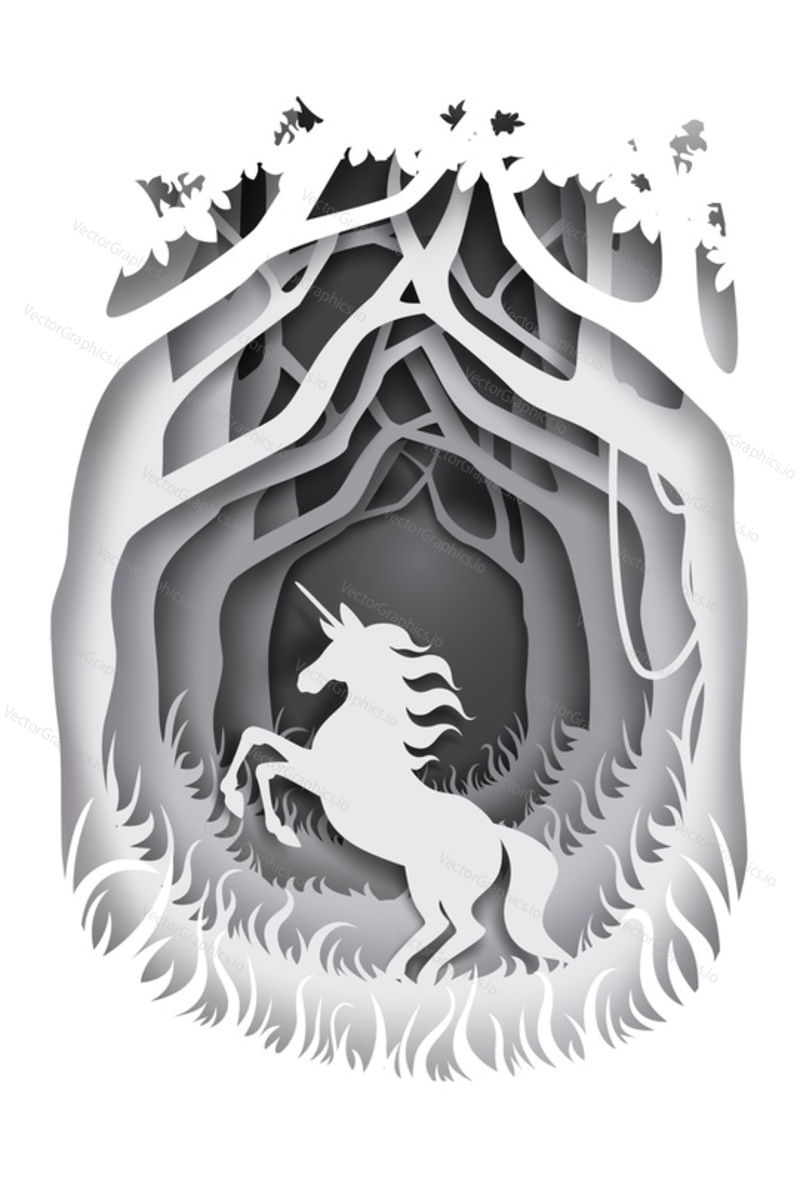 Unicorn, magical and mythical fairy tale character silhouette, vector illustration. Fairytale composition in paper art craft style.