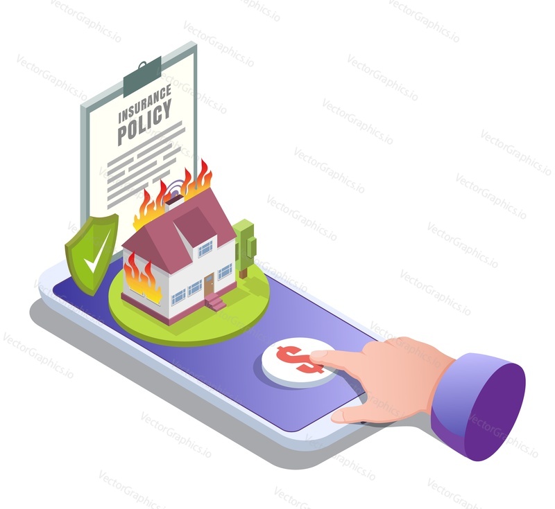 Home insurance online, vector illustration. Smartphone with insurance policy, shield, burning house building, finger tapping buy button. Isometric composition for poster, banner, website page, etc.