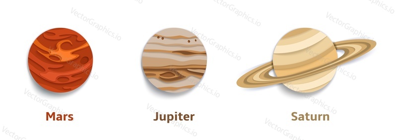 Layered paper cut style Mars, Jupiter, Saturn fantastic solar system planets, vector illustration isolated on white background. Astronomy for kids.